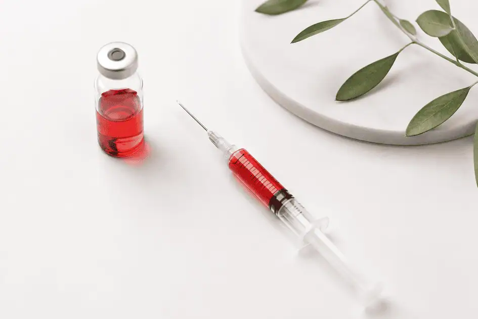 Vitamin B12 injection syringe and vial on a clean white surface representing B12 therapy for energy and fatigue support.