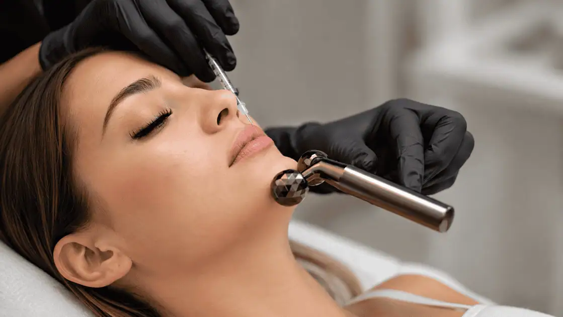 Patient receiving a non-surgical liquid rhinoplasty treatment with a facial contouring massage roller at a medical spa.