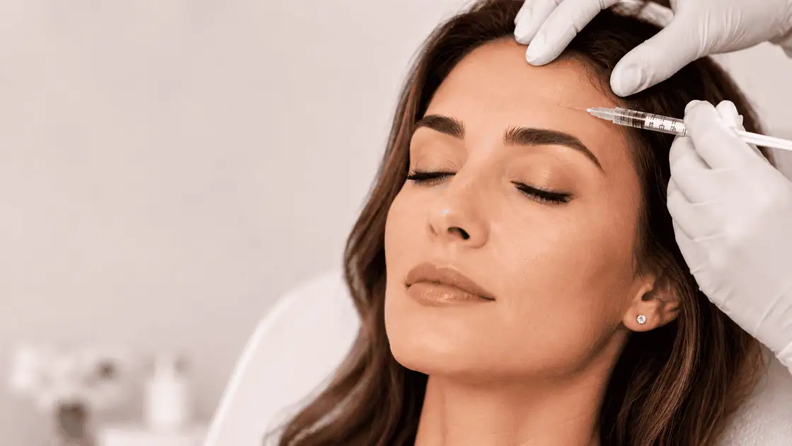 Woman receiving a Botox treatment at a cosmetic clinic with a practitioner preparing an injection near her forehead.