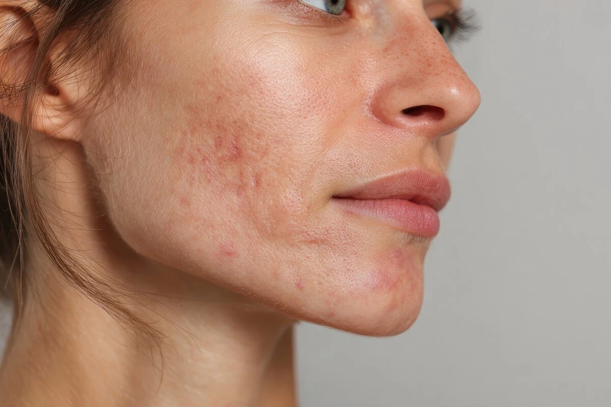 Woman showing skin texture issues, redness, and blemishes on her cheek and jawline.
