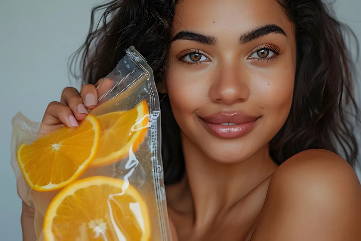 Woman holding a clear pouch filled with fresh orange slices for skincare.