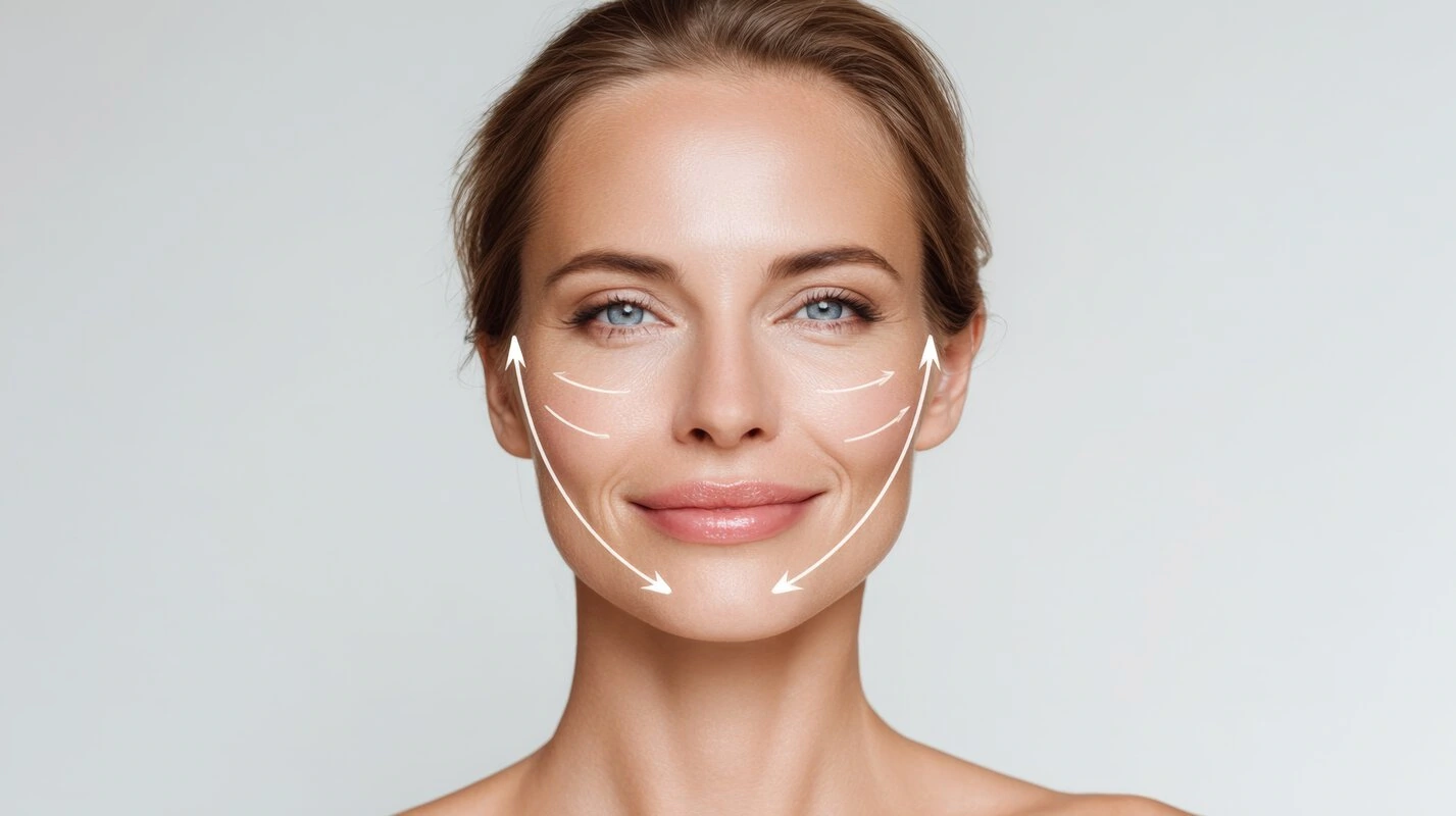 Woman with facial lift lines and arrows indicating lifting directions on her face.