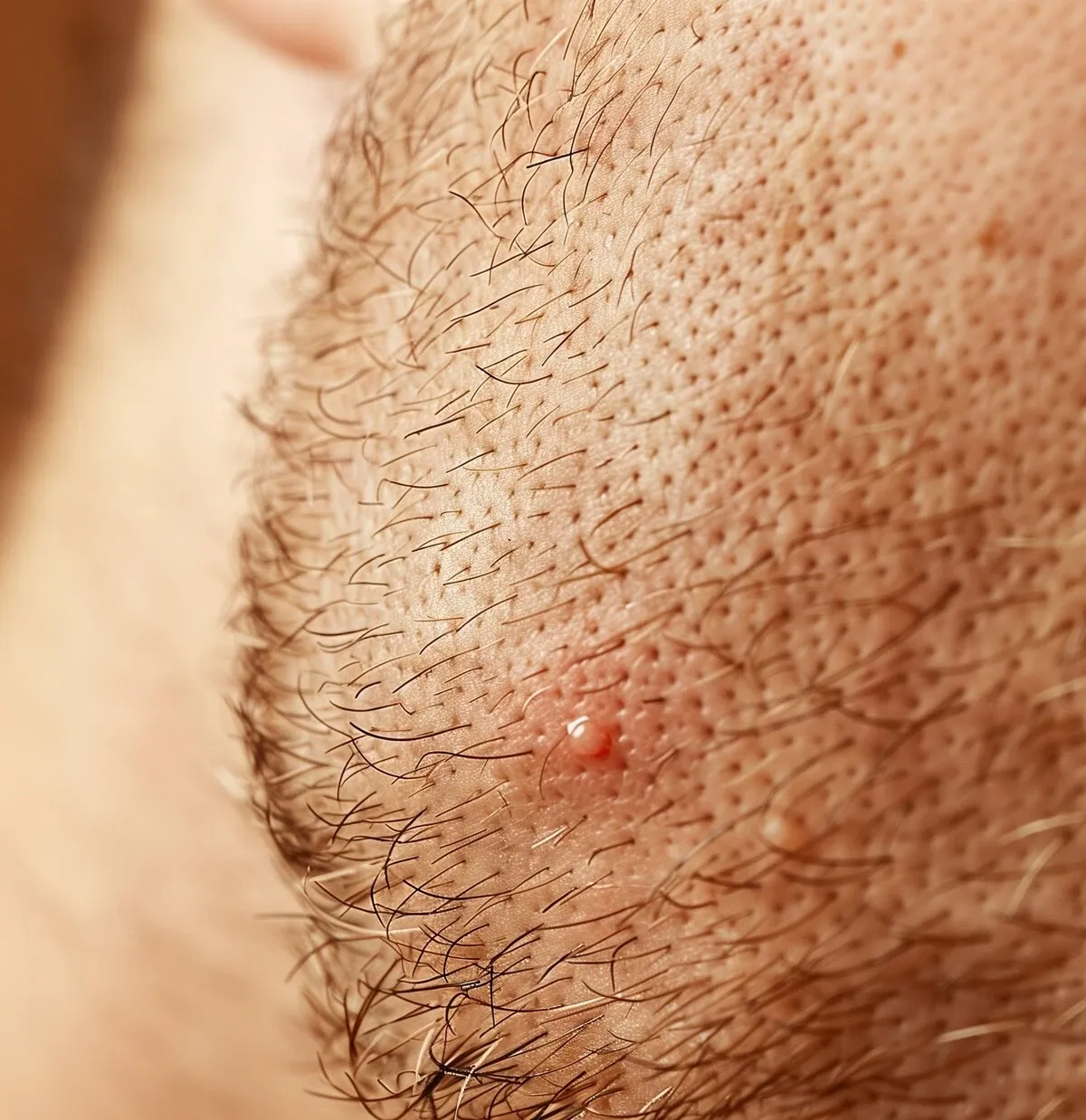 Close-up of a man's face showing an ingrown hair and razor bump within his beard stubble.