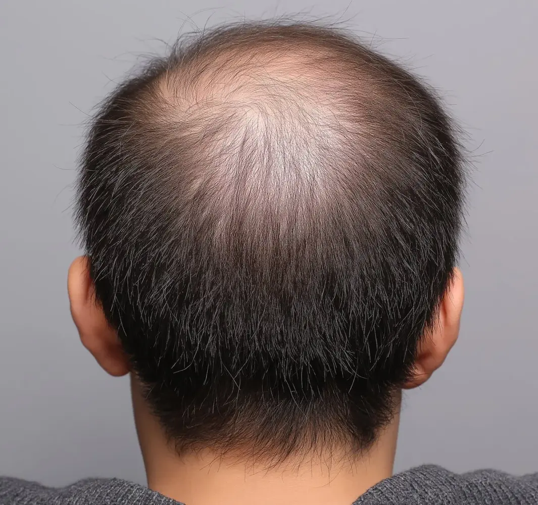 Back view of a person's head showing significant hair thinning and hair loss on the crown.