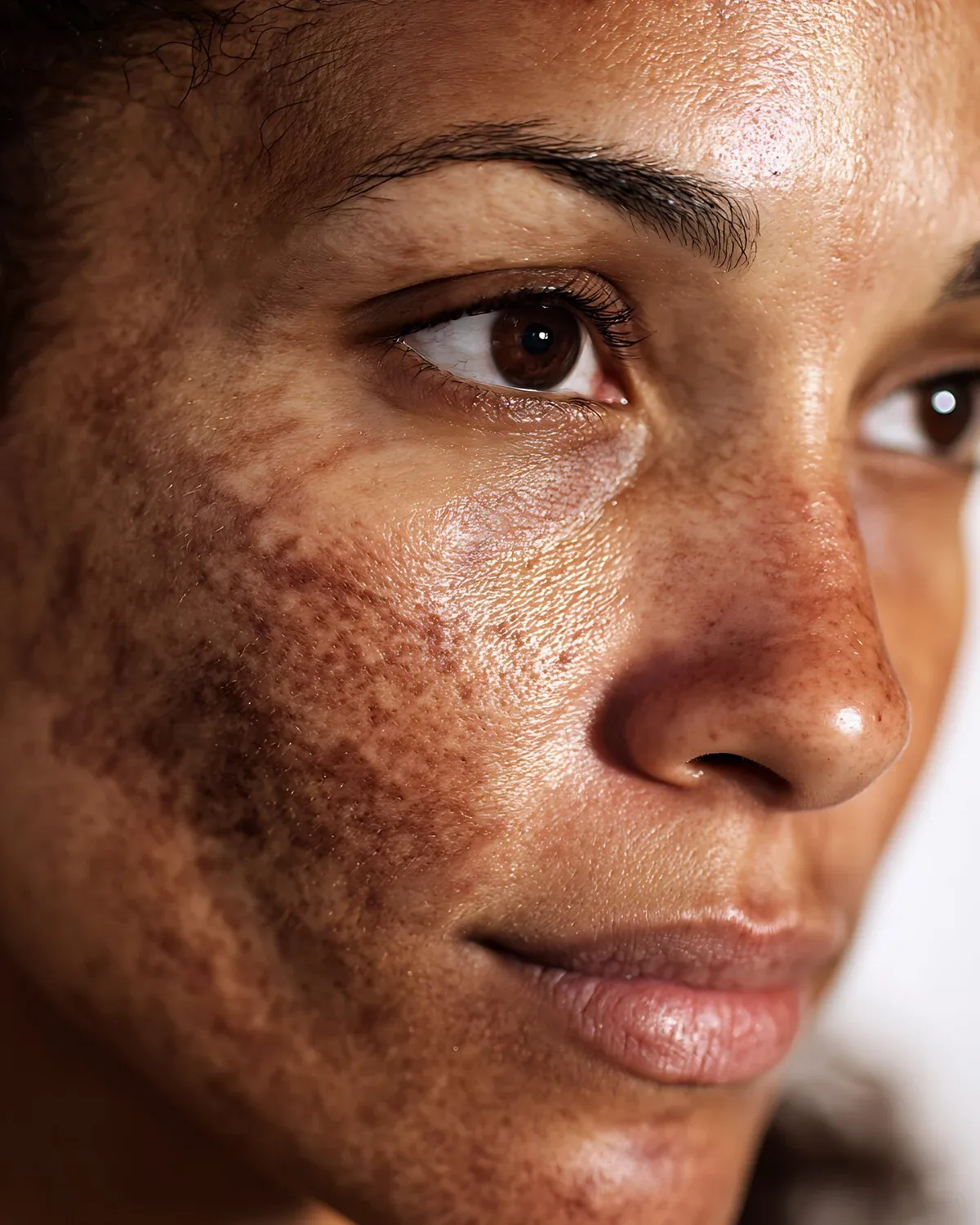 Woman showing distinct hyperpigmentation and dark patches on her face.