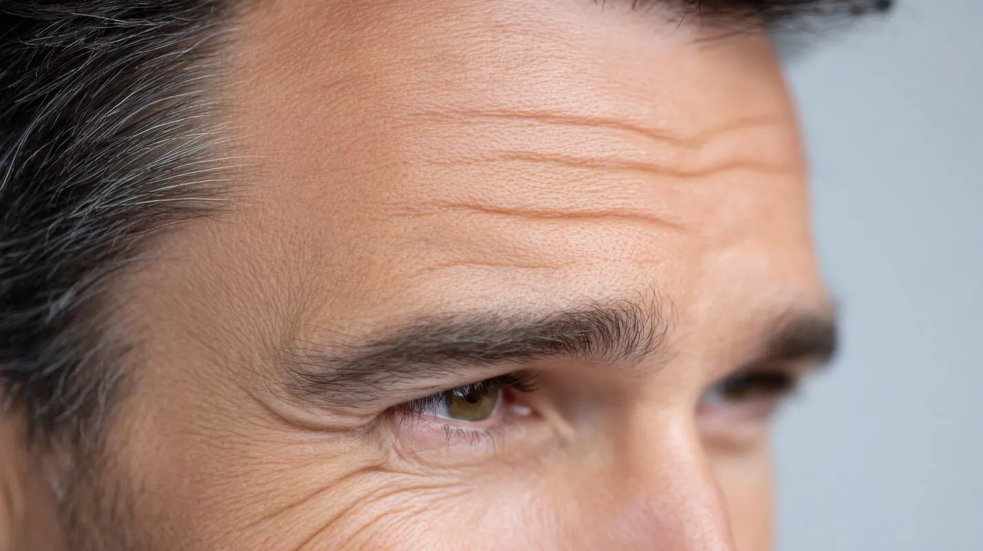 Close-up of a man's forehead and brow area, showing prominent wrinkles and fine lines.