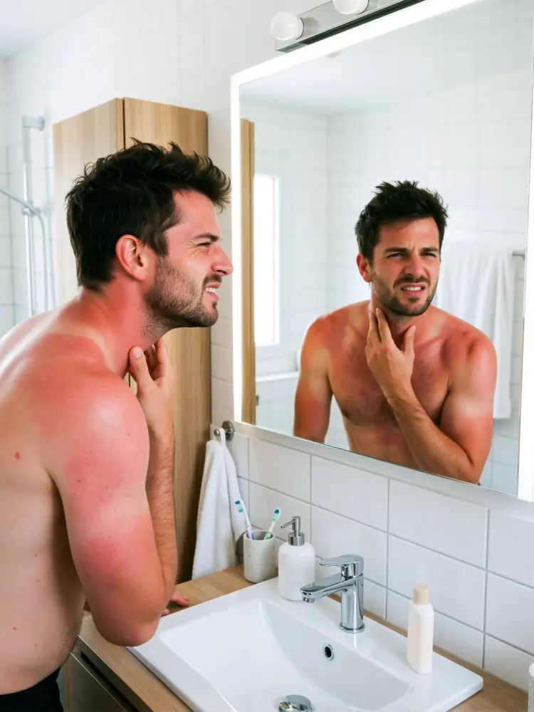 Man looking in a bathroom mirror with a painful expression while examining his severe sunburned chest and neck.