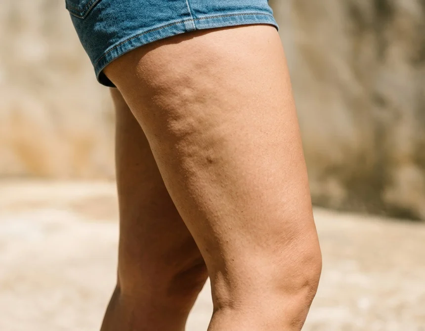 Close-up of a person's legs showing skin texture and cellulite on the thigh.
