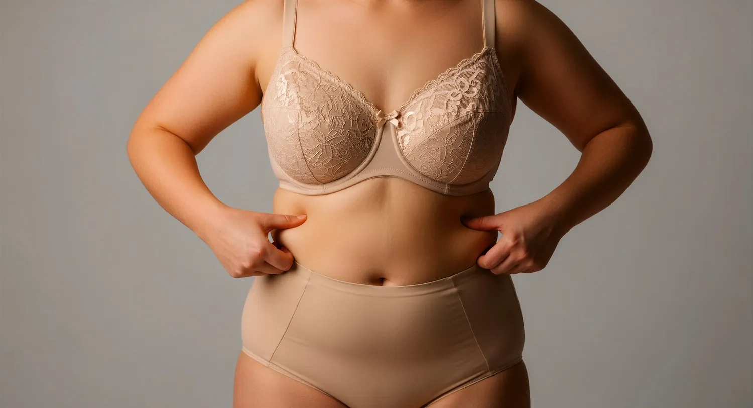 Woman in lingerie pinching and holding the excess fat on her waist.