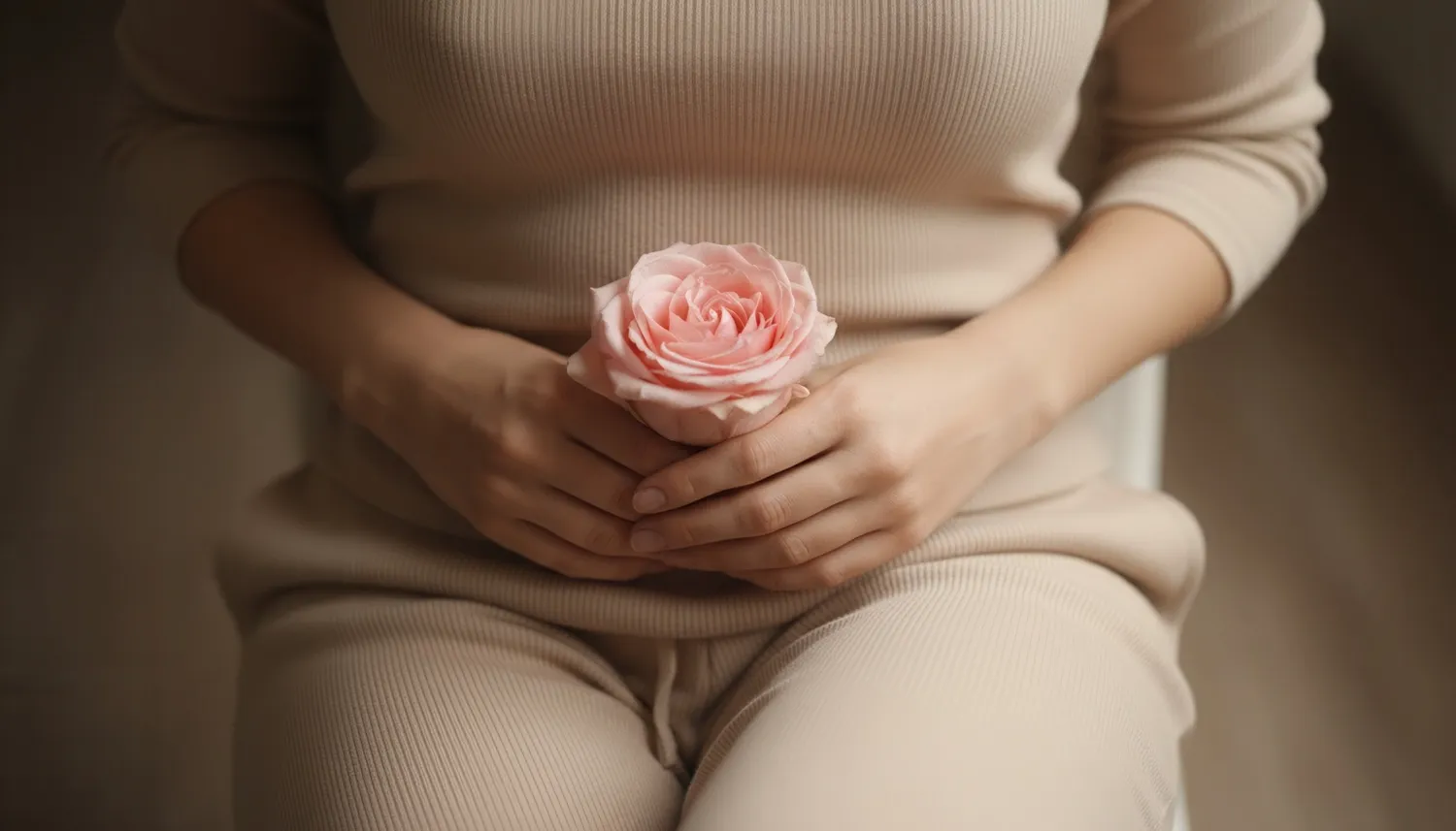 This image features a person wearing a beige outfit, holding a single, light pink rose in their hands, which are positioned over their lap.