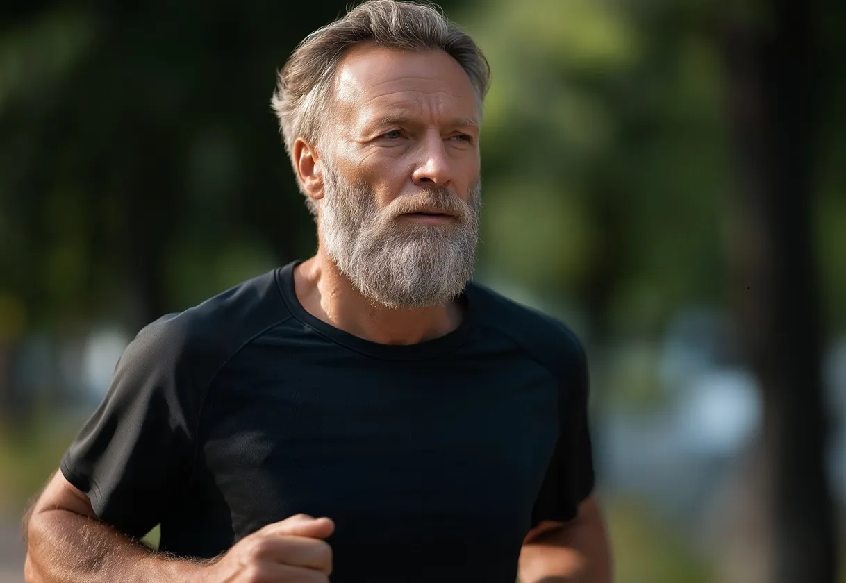 This image captures a middle-aged man with a gray beard in the middle of a run, wearing a black athletic t-shirt.