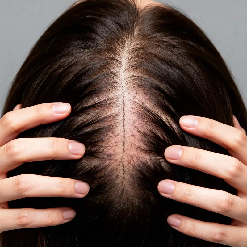The provided image illustrates a common sign of hair loss: a visible widening of the hair part and thinning of hair density along the scalp.