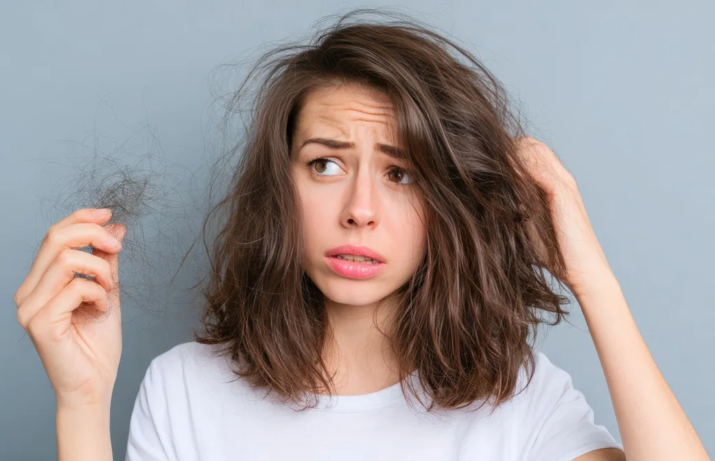 Concerned woman holding a strand of shed hair, illustrating hair loss and thinning issues.