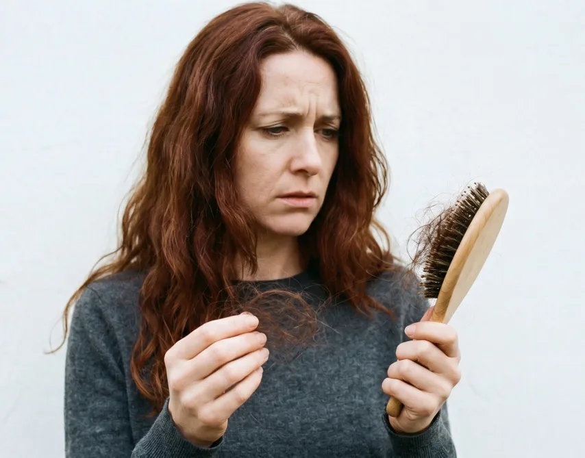 The image depicts a woman expressing concern while holding hair shed from her hairbrush, which is a common sign associated with hair loss.