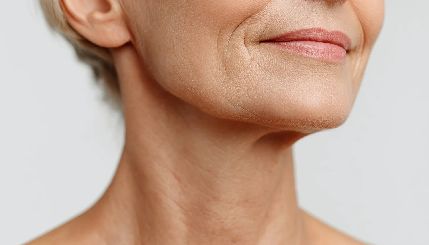 Close-up of the lower face and neck of an older woman, showing fine lines and wrinkles around the mouth and neck.