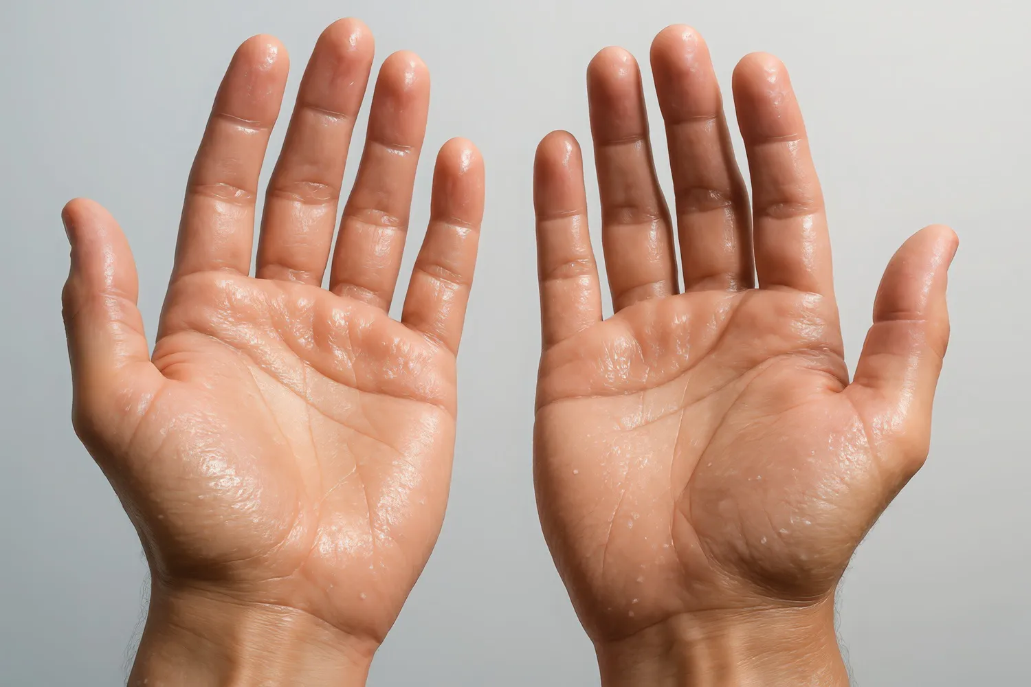 The image shows a person's open palms displaying excessive sweating and moisture, which is characteristic of palmar hyperhidrosis.