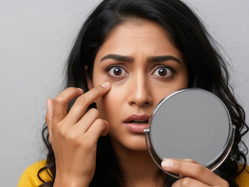 Woman looking in a mirror and touching under-eye circles.
