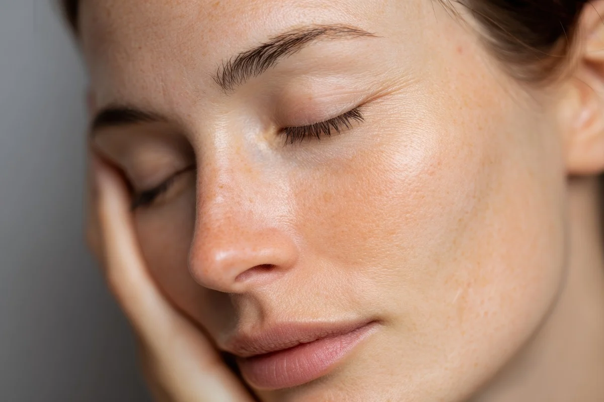 Close-up of a woman with freckles resting her face in her hand.